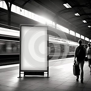 An empty blank billboard or advertising poster in a train station with blurred people, generative AI