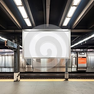 An empty blank billboard or advertising poster in an urban underground subway train station