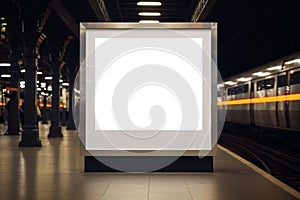 An empty blank billboard or advertising poster in an urban underground subway train station