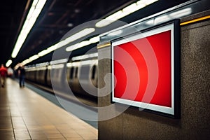 An empty blank billboard or advertising poster in an urban underground subway train station