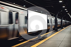 An empty blank billboard or advertising poster in an urban underground subway train station