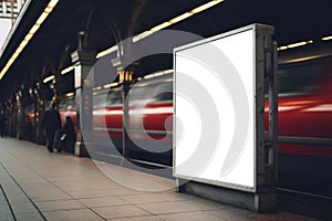 An empty blank billboard or advertising poster in an urban underground subway train station