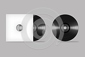 Empty blank black vinyl record with cover Mock up isolated on a grey background.