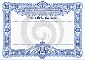 An empty blank for creating certificates, diplomas or other securities and documents. Made with a horizontal orientation in the cl