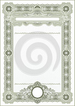 An empty blank for creating certificates, diplomas or other securities and documents. Made with a vertical orientation in a classi