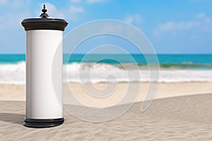 Empty Blank Cylindrical Advertising Column Billboard Mockup with Free Space for Your Design on Summer Sand Ocean Beach. 3d