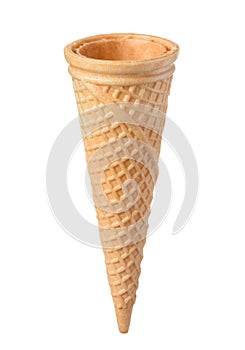 Empty blank ice cream waffle cone tilted isolated