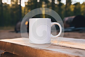 Empty blank mock up of white ceramic coffee mug on a forest background