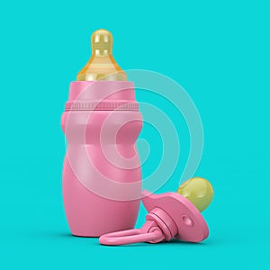 Empty Blank Pink Baby Milk Bottle with Pacifier in Duotone Style. 3d Rendering