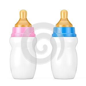 Empty Blank Pink and Blue Baby Milk Bottles with Pacifier Mock Up. 3d Rendering