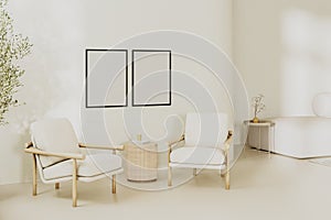 Empty blank poster frames mock up in modern living room interior in light beige tones with 2 armchairs and table, 3d