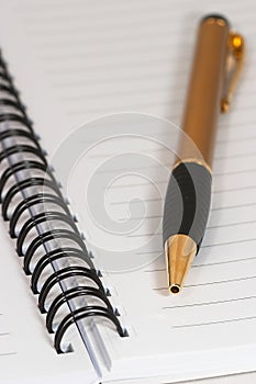 Empty blank ring, spiral notepad, one gold pen macro