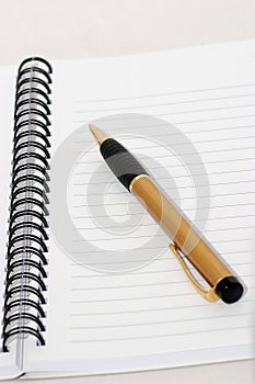 Empty blank ring, spiral notepad, one gold pen macro