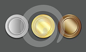 Empty Blank Set vector templates for winner awards medals, coin, price tags, sports, sewing buttons, buttons, icons or medals with