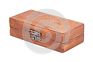 Empty blank small brown wooden box, closed latch locked container object isolated on white, cut out. Little handmade craft secret