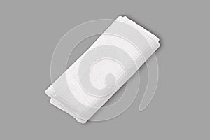 Empty blank white folded material dishcloth mockup isolated on a grey background. photo