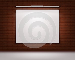 Empty Blank White Mock Up Poster Picture Frame on Red Brick Wall with Floor and Illumination Front View