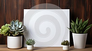 Empty blank white poster mockup with succulent plant on wooden table. Mockup