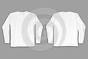 Empty blank white t-shirt with long sleeves mockup isolated on a gray background.