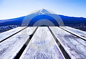Empty blank wood plank or brown table with Mount Fuji world famous tourist attractions.