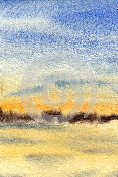 An empty blank for your landscape with the sky, trees on the horizon and a field in the foreground. Hand drawn watercolors on