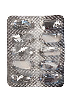 Empty blister pack of tablets in capsules isolated on a white background