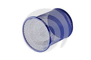 Empty blue basket Pen holder isolated on white background without shadow. Close-up