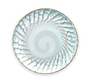 Empty blue ceramic plate with spiral pattern, Sea concept, View from above isolated on white background with clipping path