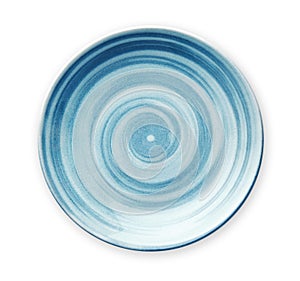 Empty blue ceramic plate with spiral pattern in watercolor styles, View from above isolated on white background with clipping path photo