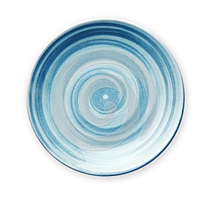 Empty blue ceramic plate with spiral pattern in watercolor styles, View from above isolated on white background with clipping path