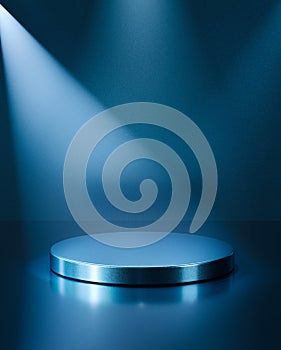 Empty blue colour metallic round podium. 3d computer graphic template of displaying place for your products. Blank template. Copy