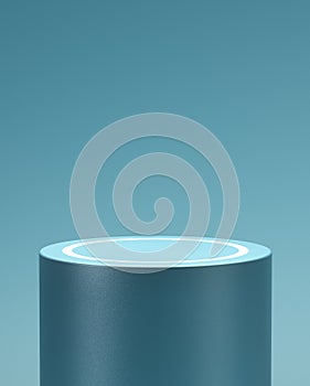 Empty blue cylindrical pedestal with white glowing circle for product placement. 3d computer graphic template of displaying place