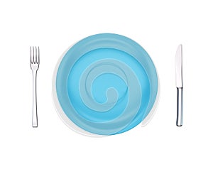 Empty blue dinner plate, fork and knife