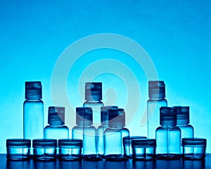 Empty blue glass bottles