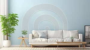 Empty blue living room with blank poster, 3d illustration interior design concept