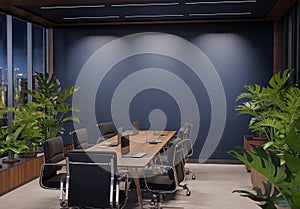 Empty blue office wall mockup at night with modern wooden furnitures and plants. 3D rendering