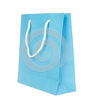 Empty blue paper bag isolated on white