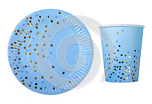 Empty blue paper cup and plate isolated on white