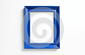 Empty blue picture frame rests on clean white background. Classic rectangular border provides versatile space for adding custom