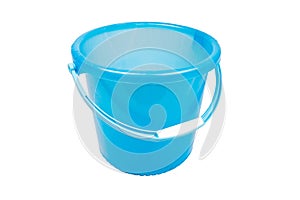 Empty blue plastic household bucket on a white background