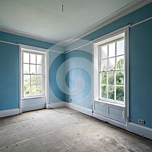 Empty blue room with large white window