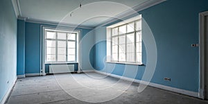 Empty blue room with large white window