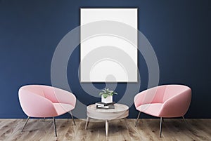 Empty blue room, pink armchairs, table, poster