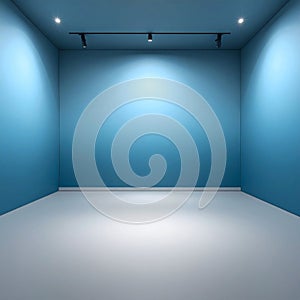 Empty Blue Room With Spotlight Lighting And Light Grey Floor