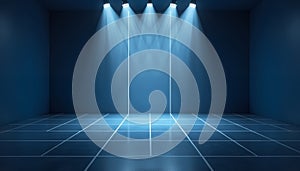 Empty blue room with spotlights and grid floor beams