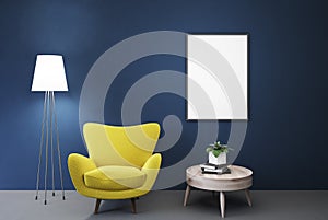 Empty blue room, yellow armchair, table, poster