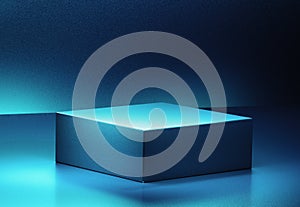 Empty blue square podium in aurora background theme. 3d computer graphic template of displaying place for your products