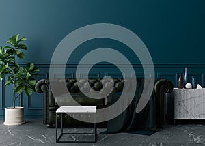 Empty blue wall in modern living room. Mock up interior in classic style. Free space, copy space for your picture, text