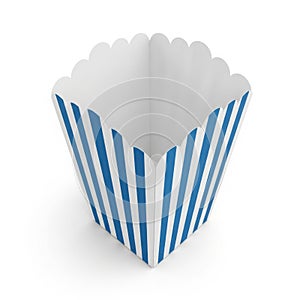 Empty blue and white striped popcorn box isolated on white background