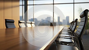 Empty boardroom table with chairs arranged around,against backdrop of floortoceiling windows